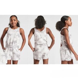 Athleta Girl XL-14 Havin a Great Time Tank Romper White-Gray Tie Dyed Drawstring